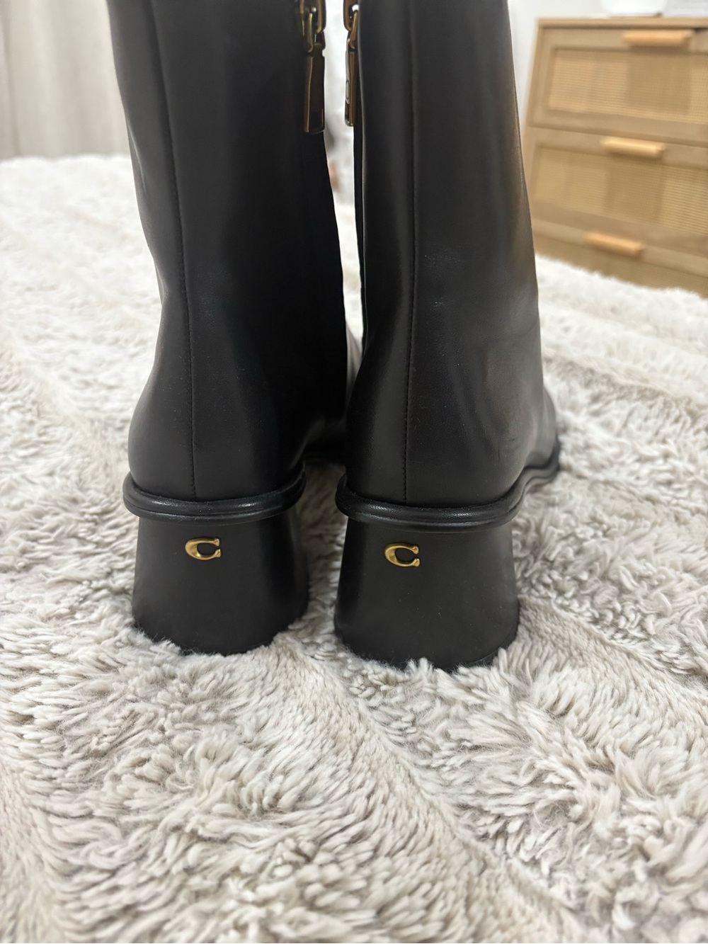 Coach Gigi Black Leather Block Heel Ankle Boots with Gold Accents - Picture 2 of 4